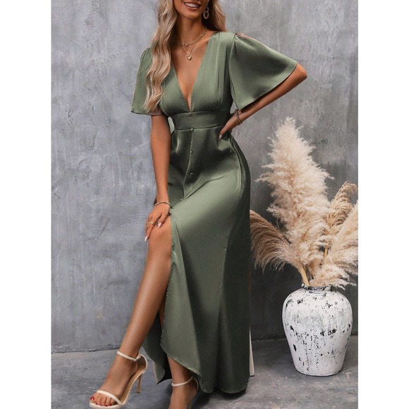 WILA Dresses & Skirts - Plunging Neck Butterfly Sleeve Split Thigh Satin maxi Dress olive green 💙